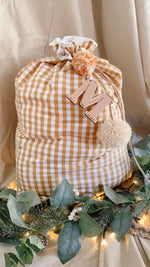 Load image into Gallery viewer, Mustard gingham Santa sack -preorder
