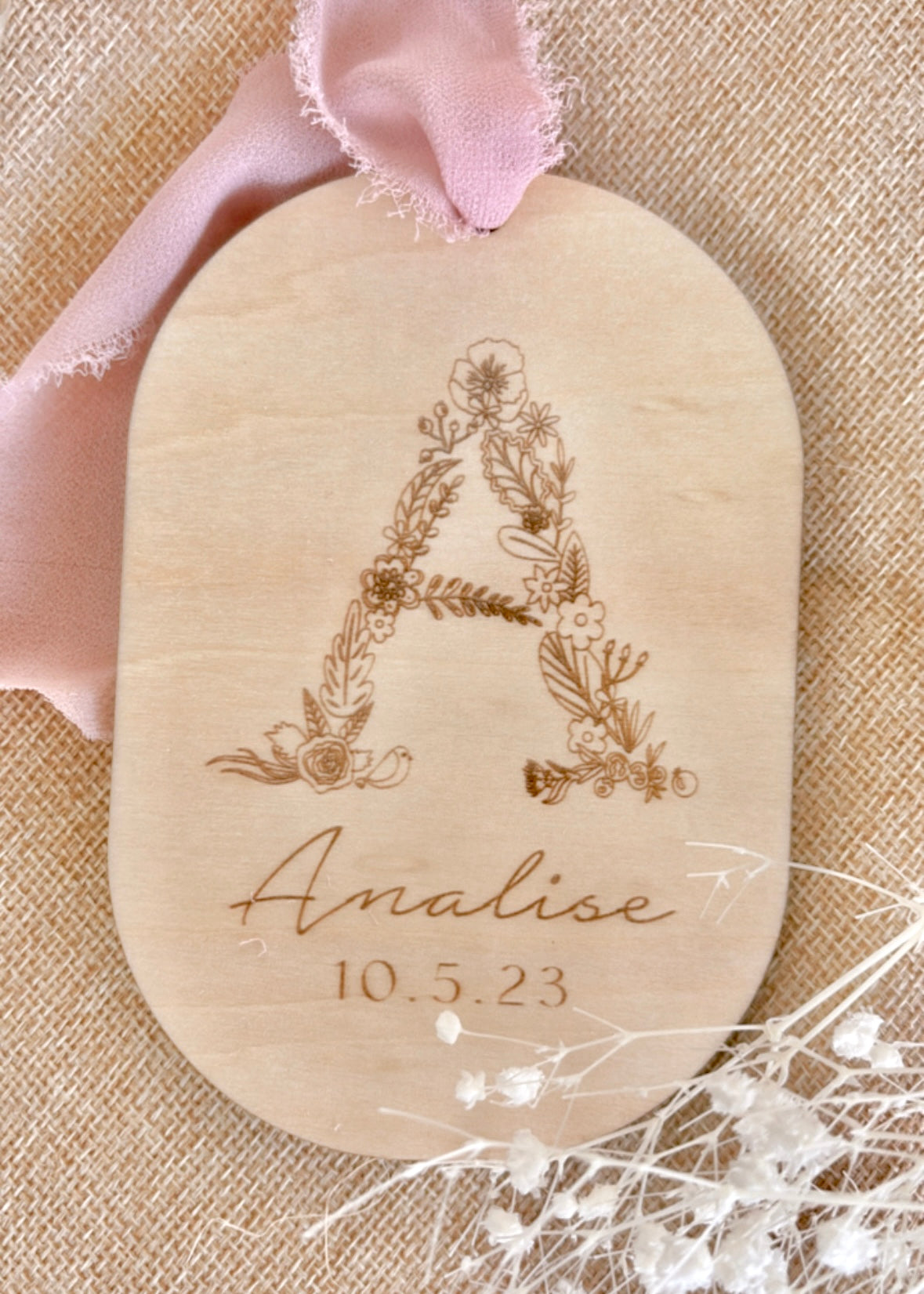 Floral initial name announcement plaque