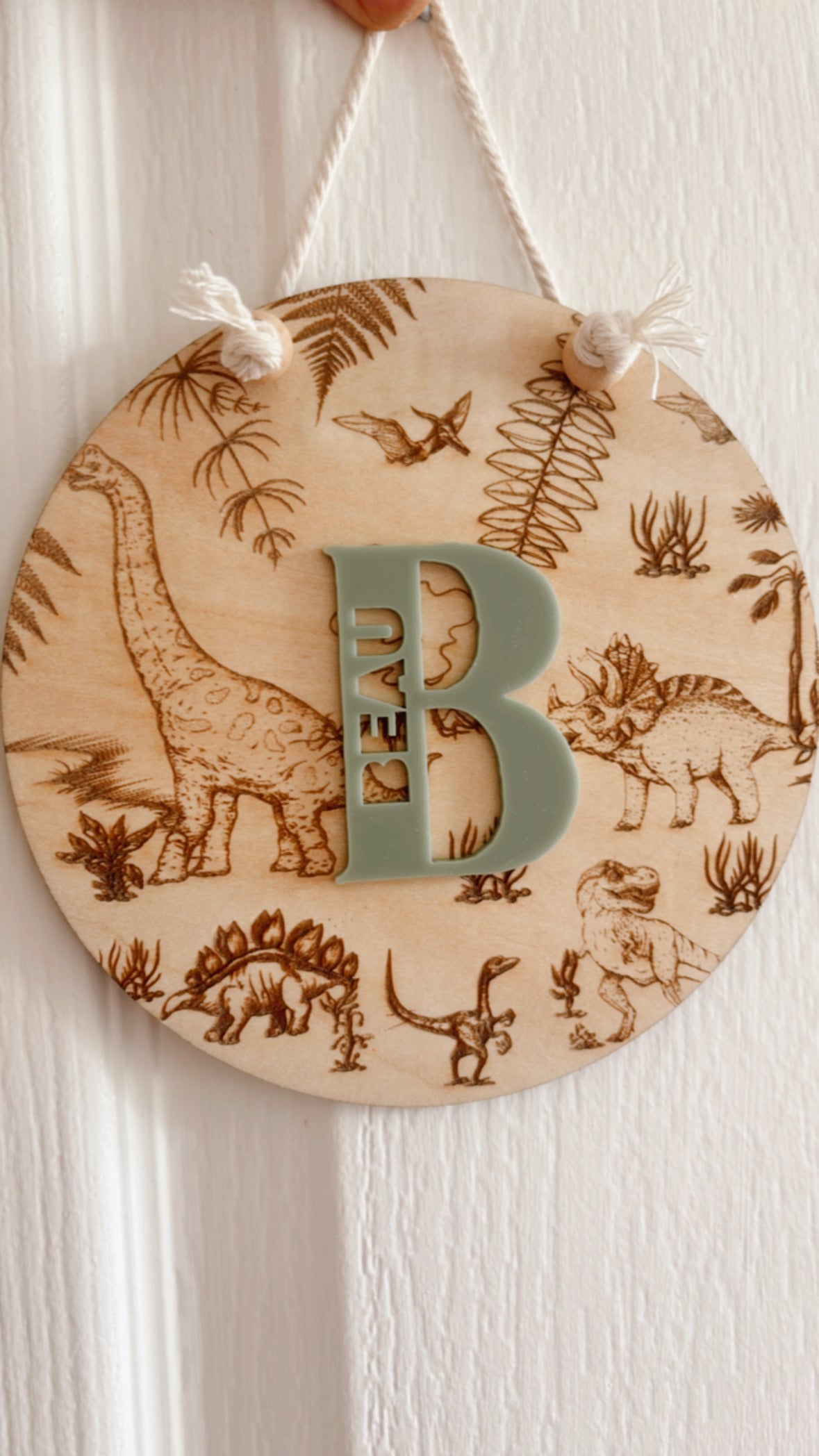 Dino etched round name sign