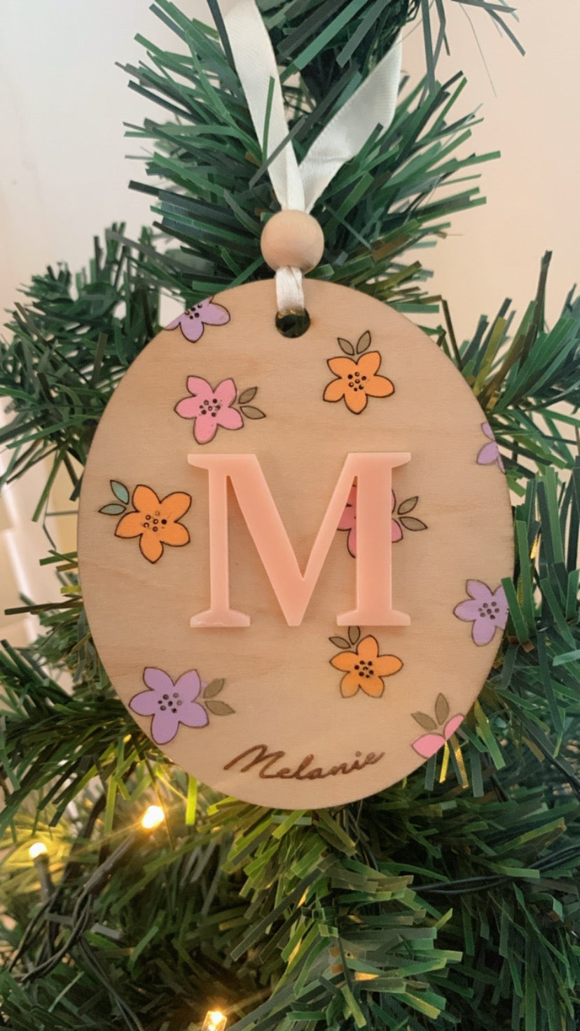 Acrylic and wood floral painted ornament