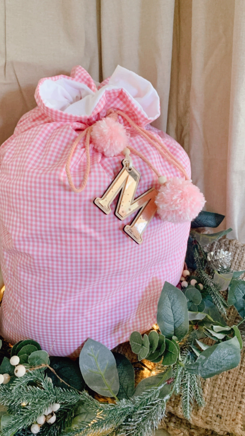 Baby pink gingham Santa sack - preorder