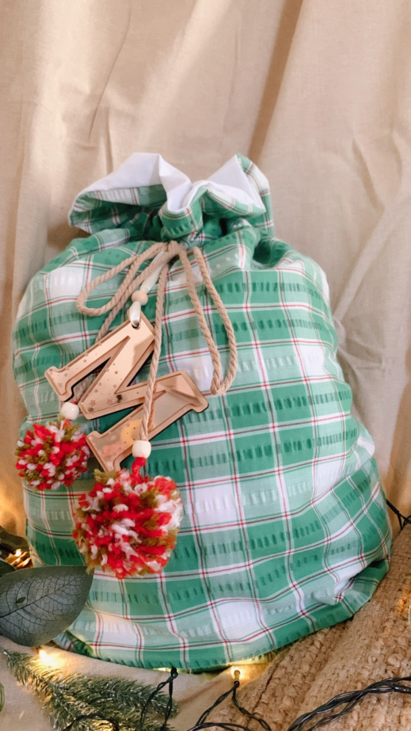 Green and red gingham Santa sack -preorder