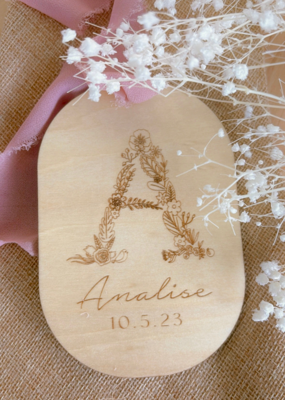 Floral initial name announcement plaque