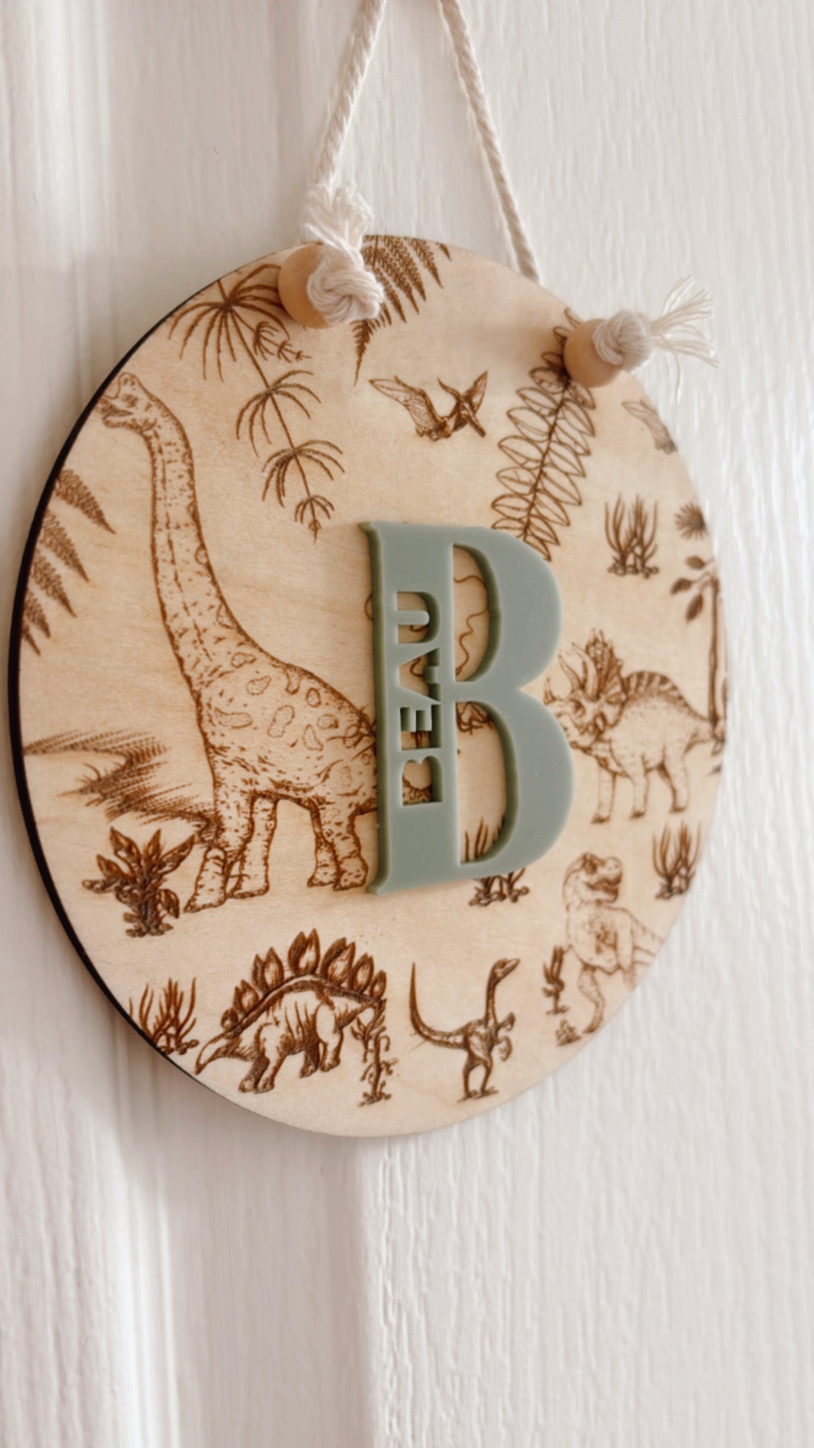 Dino etched round name sign