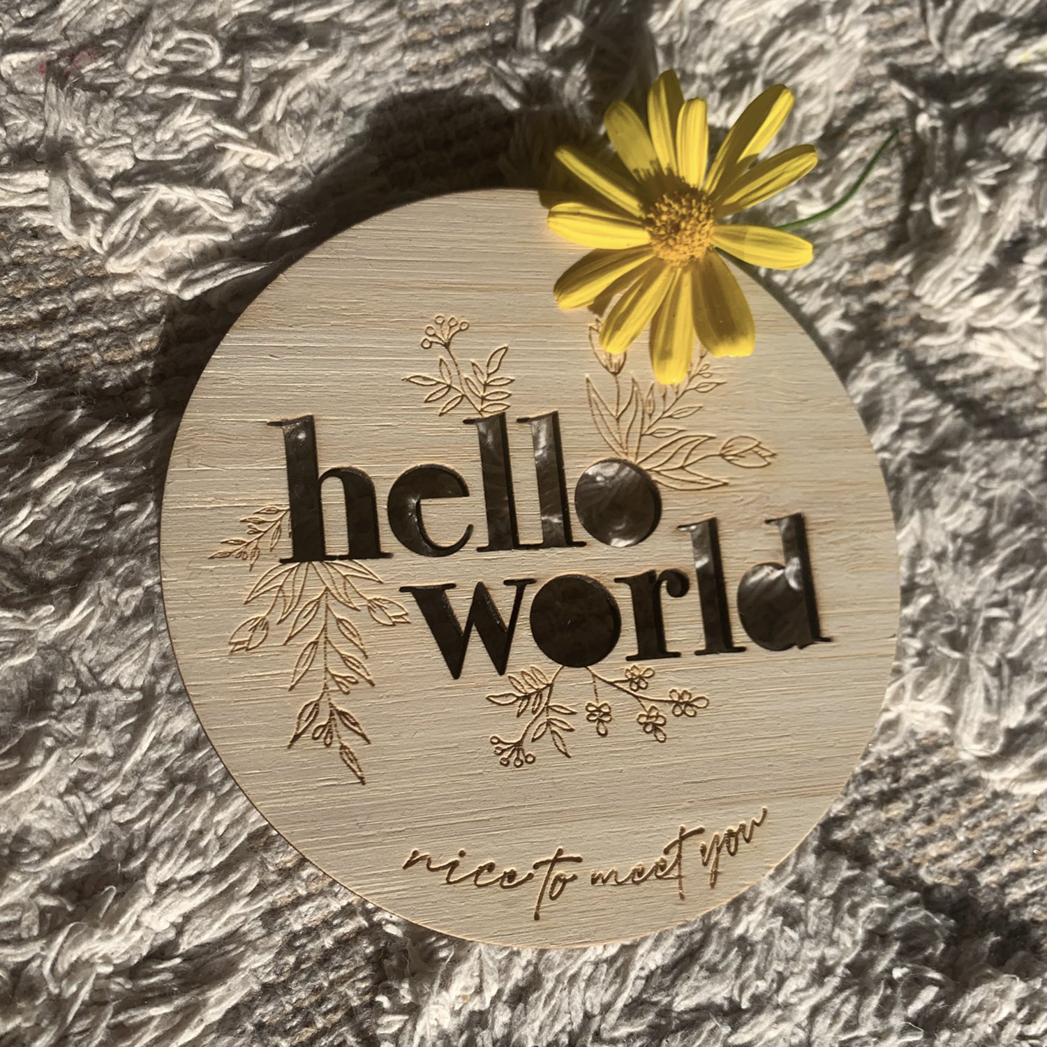 Hello World Floral Birth Announcement Disc