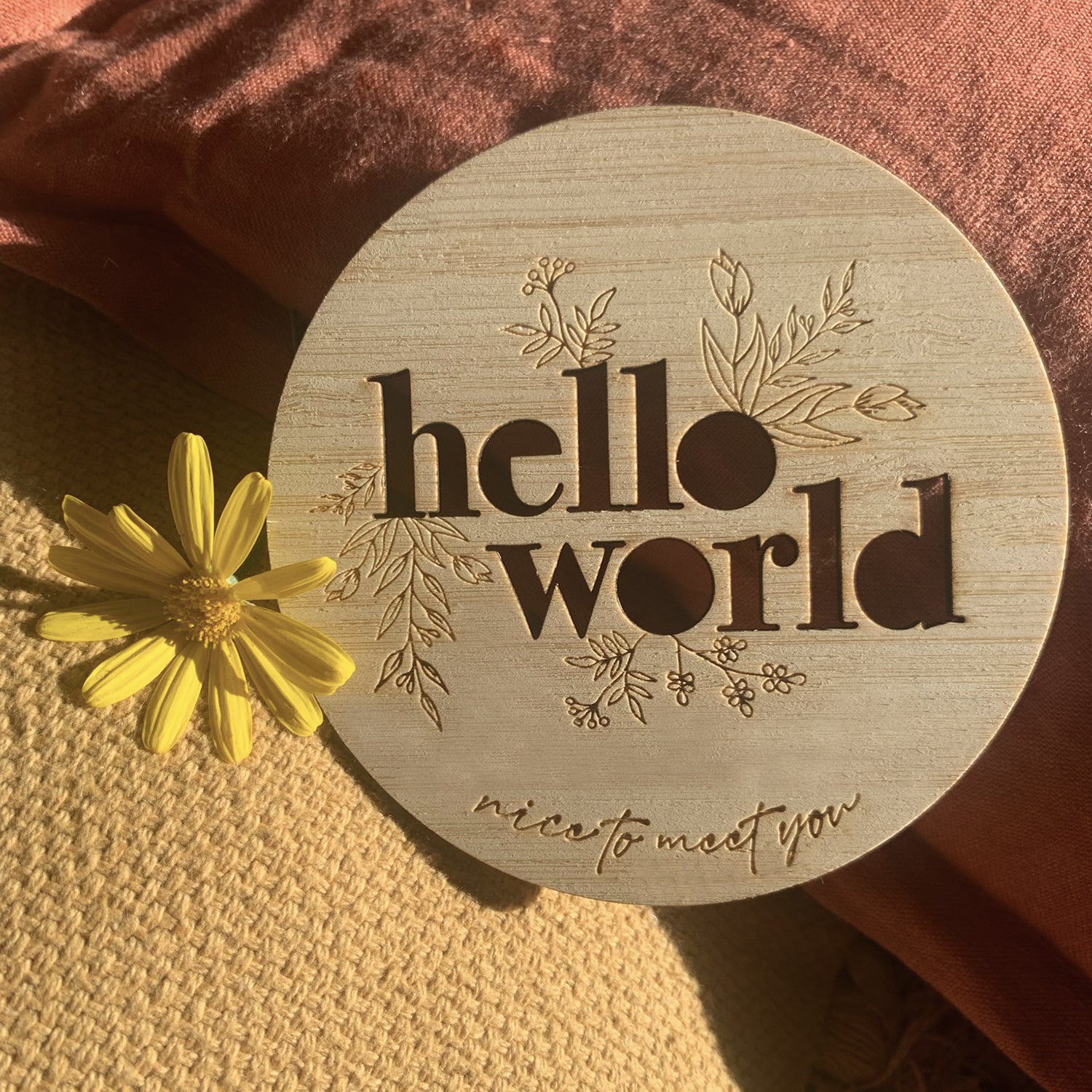 Hello World Floral Birth Announcement Disc