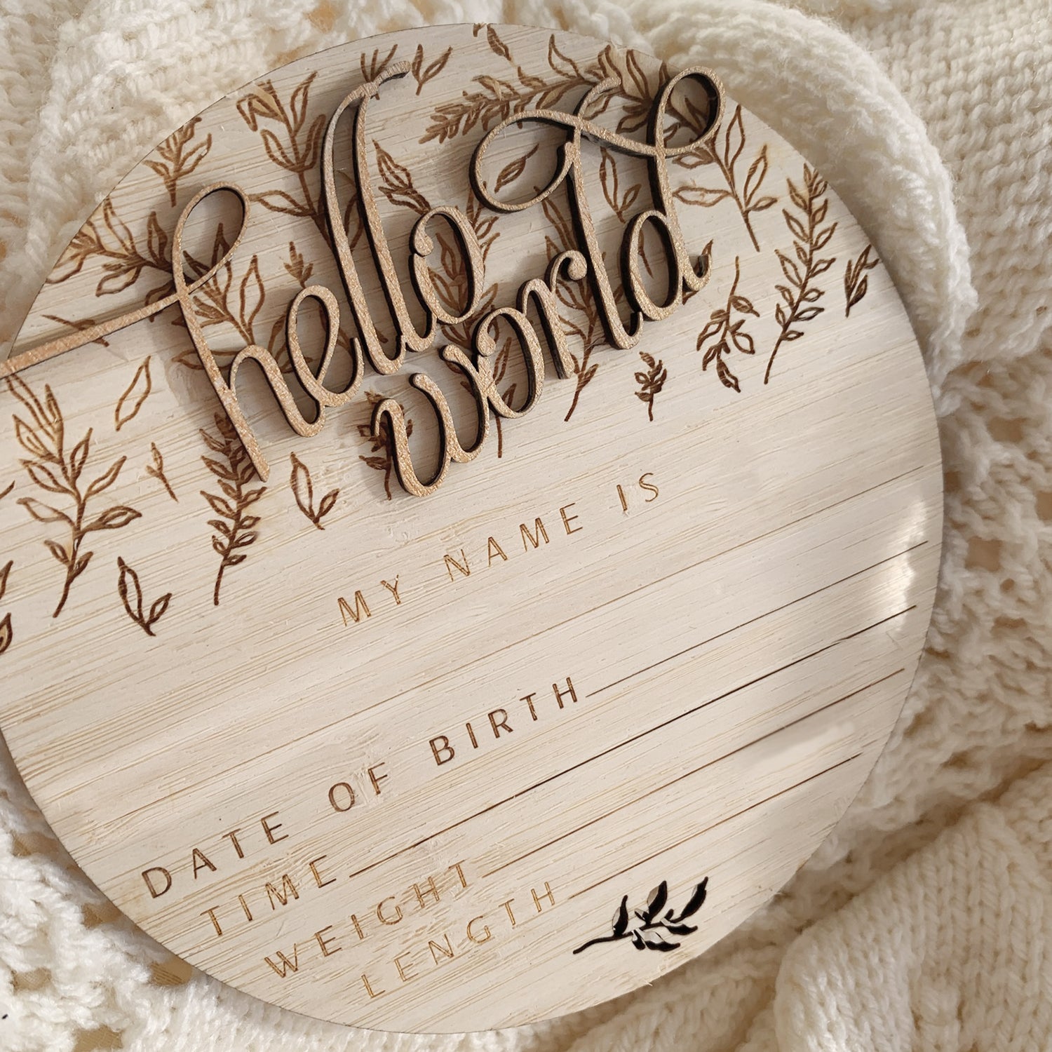 Hello World Leaf Design Birth Announcement Disc