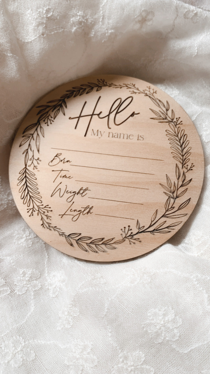 Hello Rustic Wreath Birth Announcement Disc