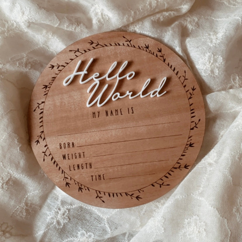 Hello World Delicate Wreath Birth Announcement Disc