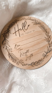 Hello Rustic Wreath Birth Announcement Disc