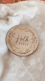 Load image into Gallery viewer, Hello World Delicate Wreath Birth Announcement Disc
