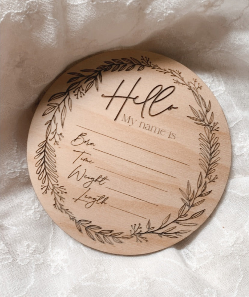 Hello Rustic Wreath Birth Announcement Disc