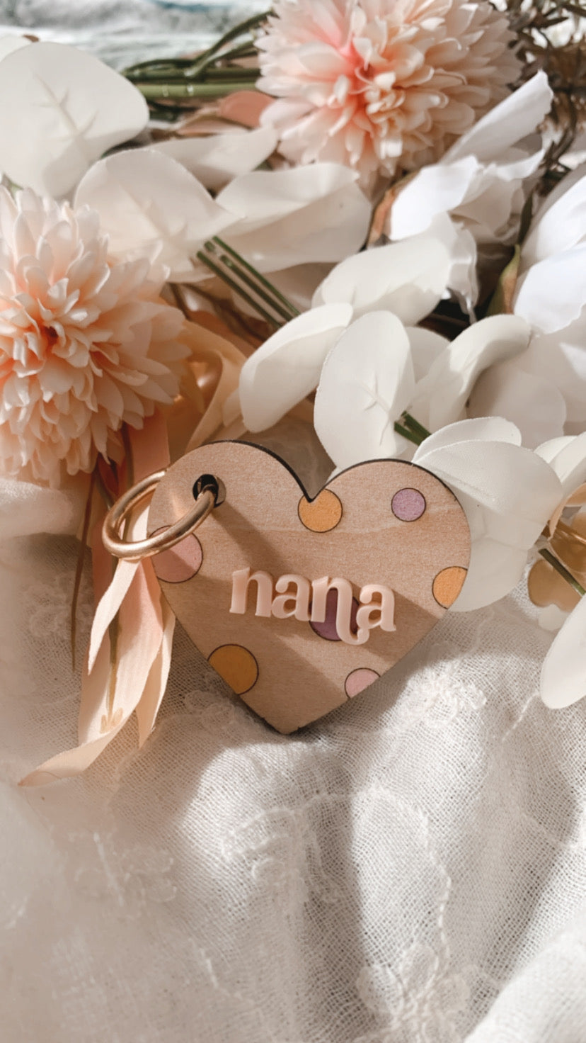 Spotty heart wooden keyring