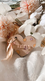 Load image into Gallery viewer, Spotty heart wooden keyring
