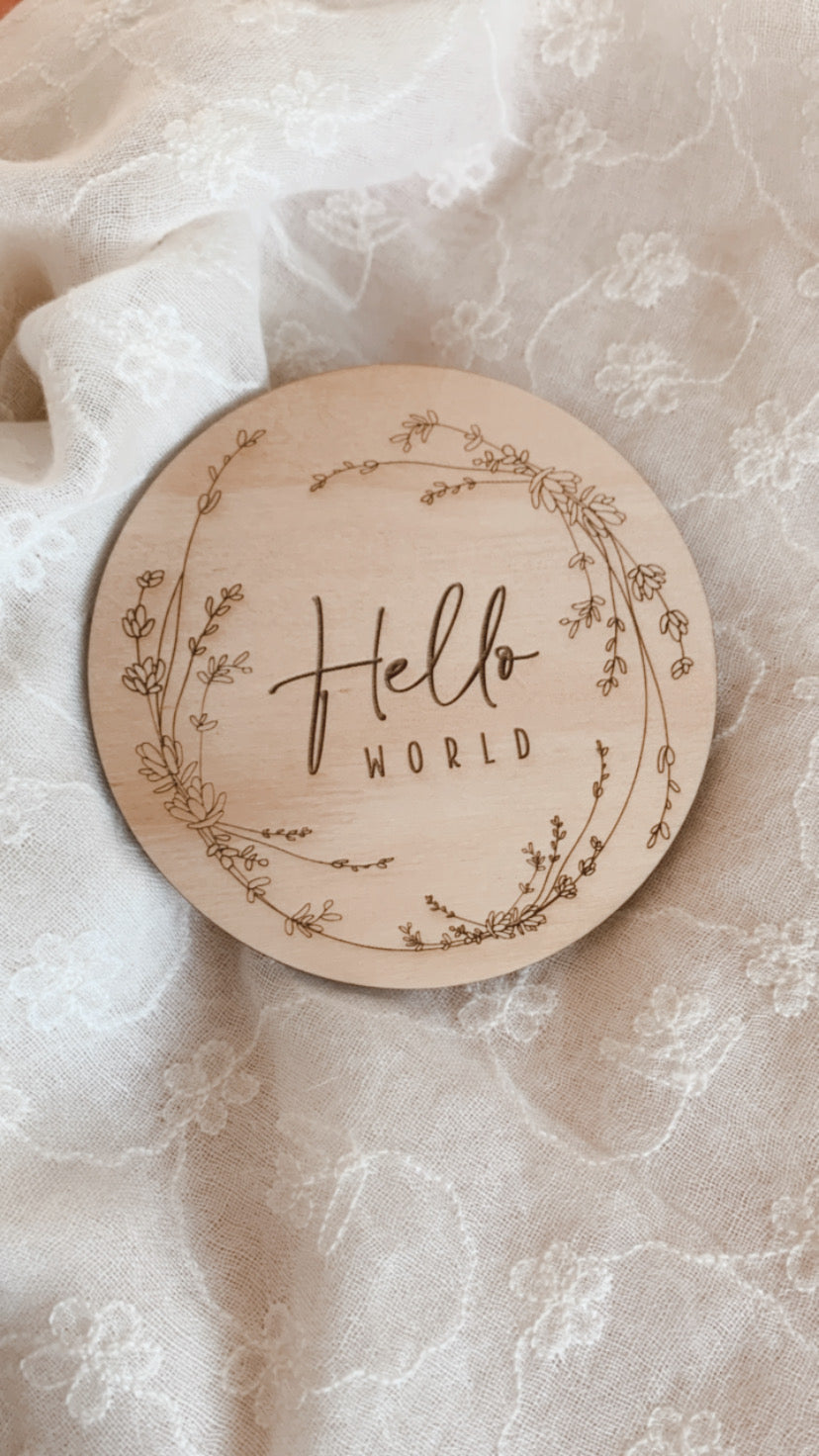 Hello World Delicate Wreath Birth Announcement Disc