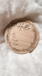 Load image into Gallery viewer, Hello Rustic Wreath Birth Announcement Disc
